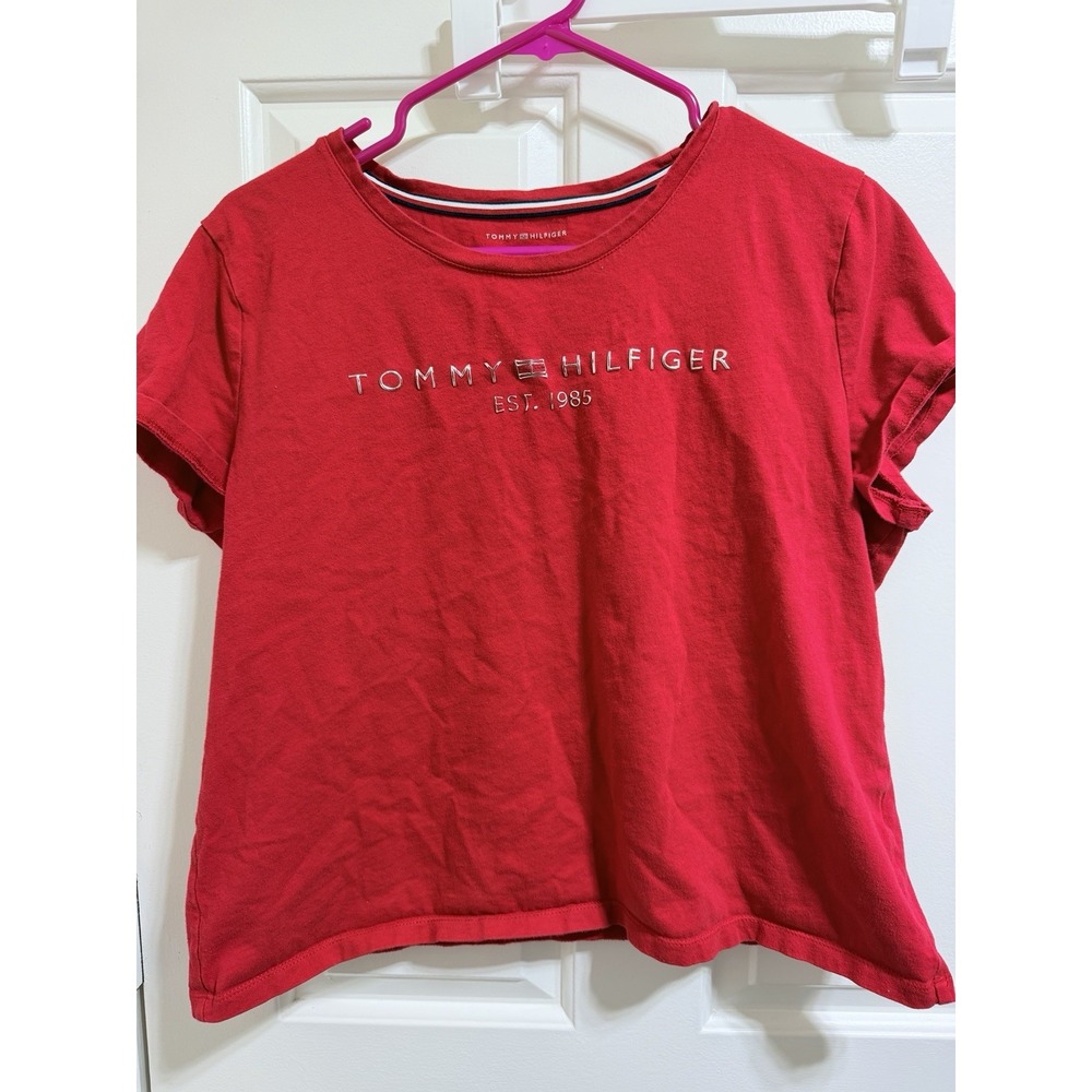 Tommy Hilfiger T-Shirt Womens Large Red Graphic Short Sleeve Tee